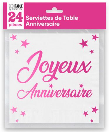 serviettes anniversaire rose x24 