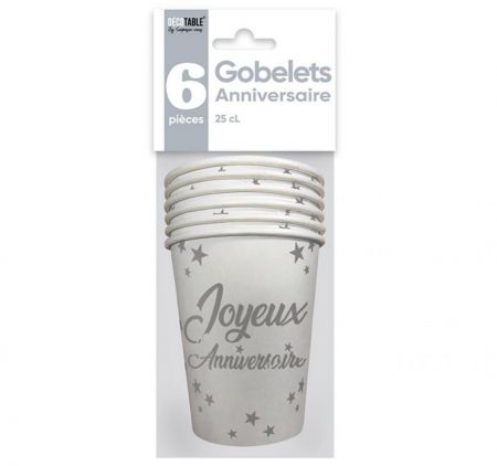 gobelets anniversaire blanc x6 